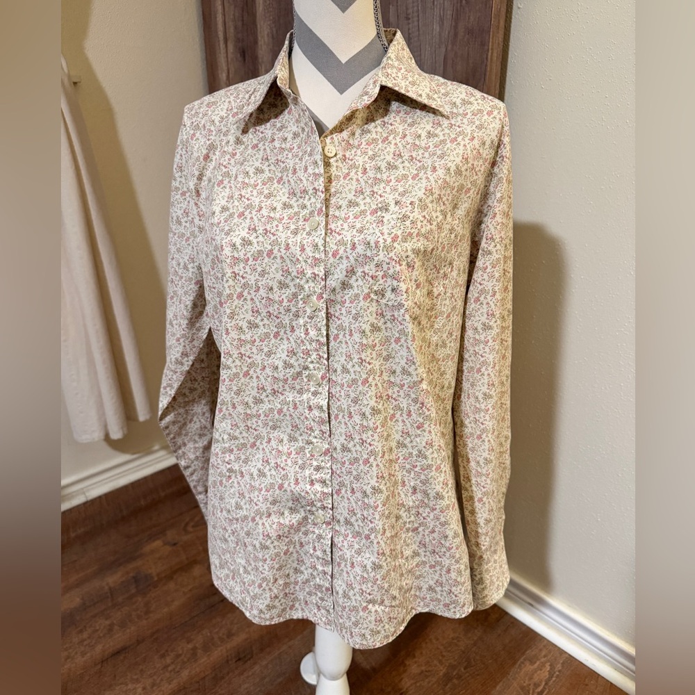 LL Bean Floral Button Down Shirt Women L Cotton Cottagecore pink Vintage Style